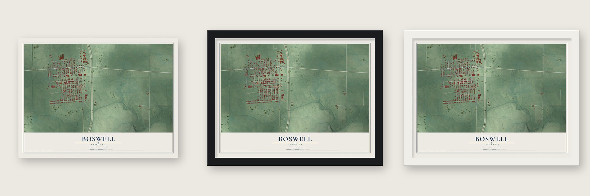 Boswell, Indiana map unframed, in a black wood frame and in a white wood frame