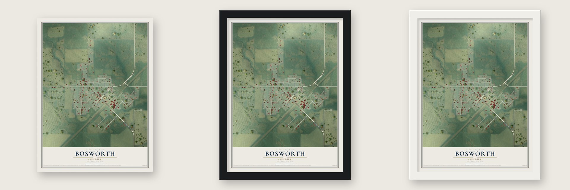 Bosworth, Missouri map unframed, in a black wood frame and in a white wood frame