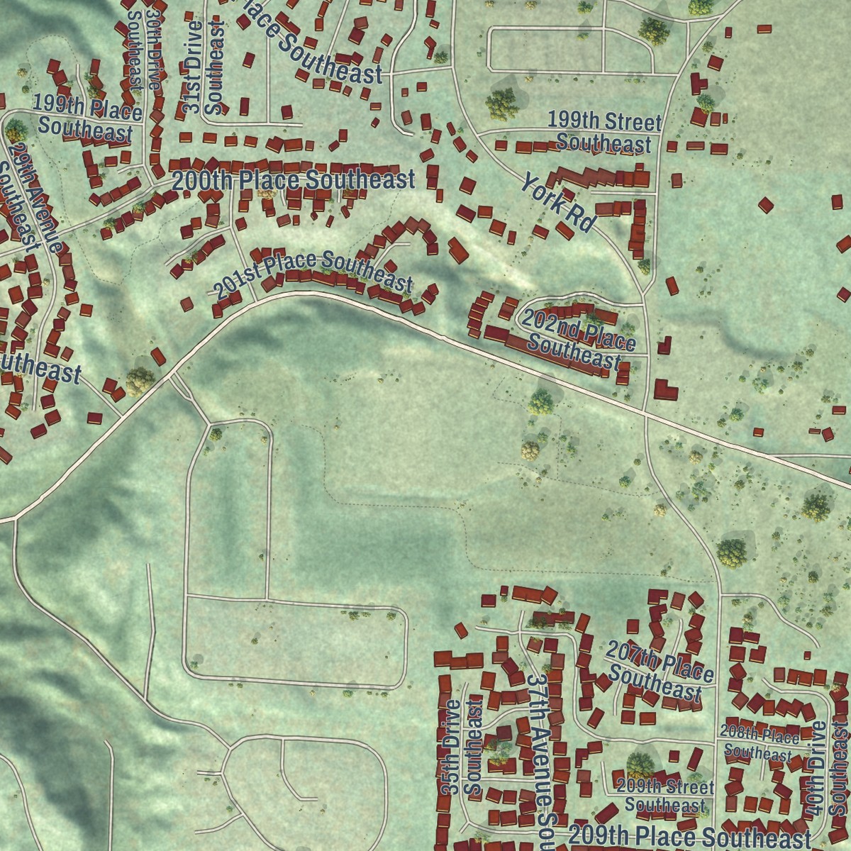 Second close-up of the map of Bothell East, Washington print showing more streets and buildings