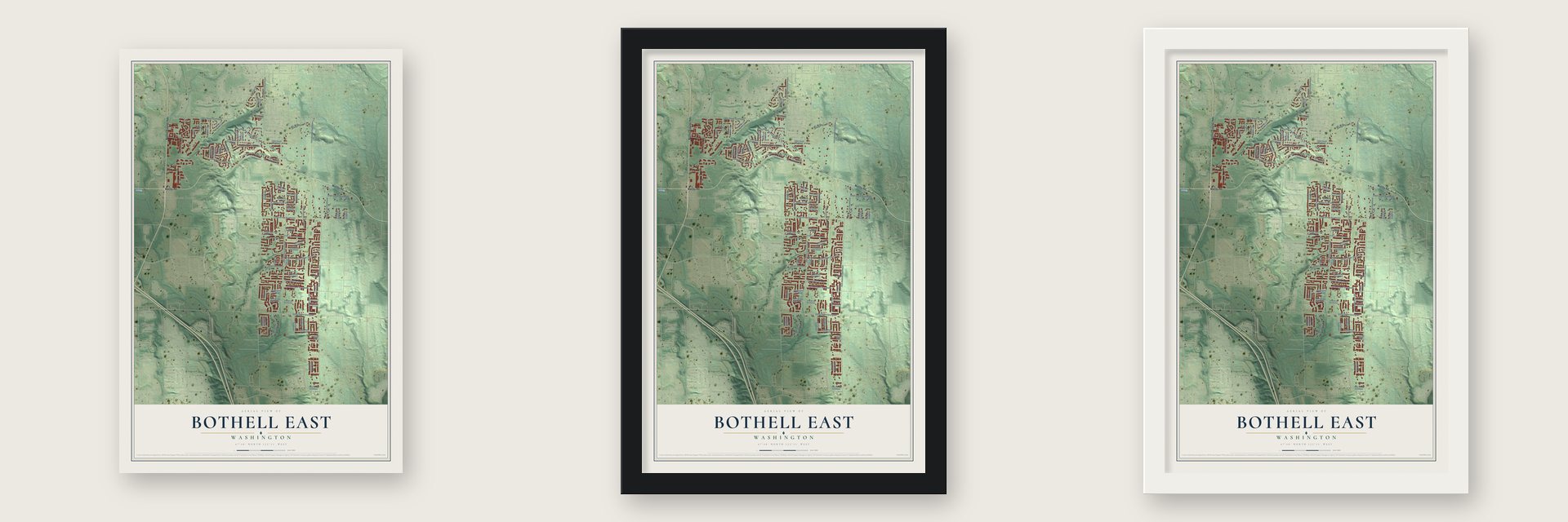 Bothell East, Washington map unframed, in a black wood frame and in a white wood frame