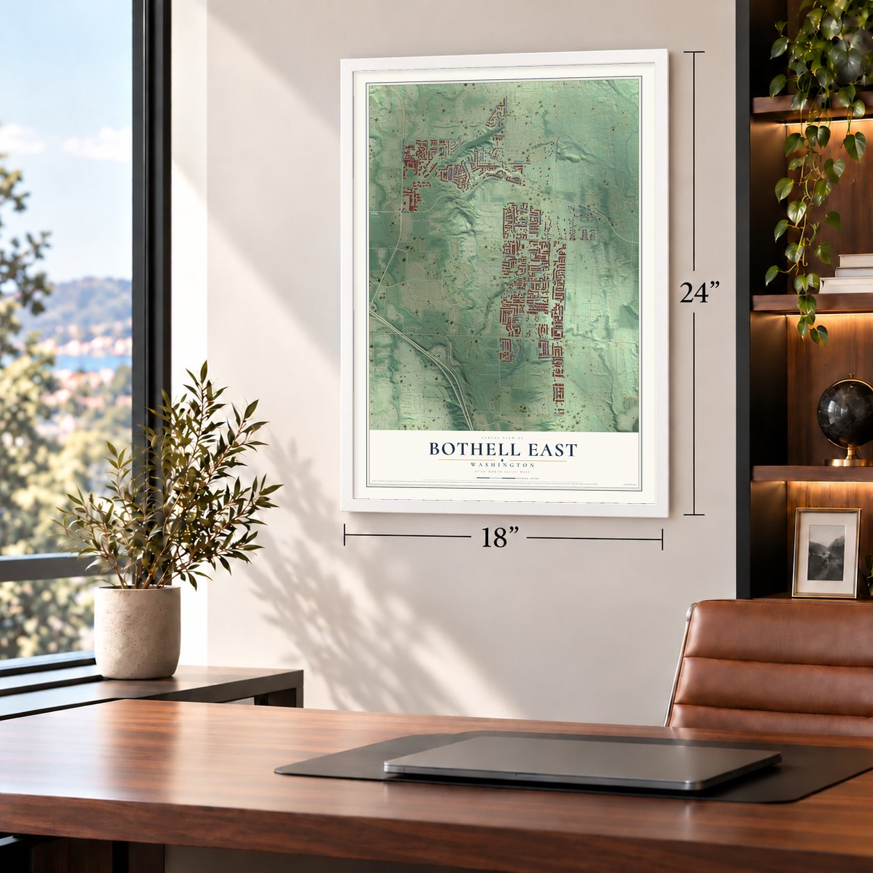 Bothell East, Washington map, 18 x 24 inch print in a white frame in a home office
