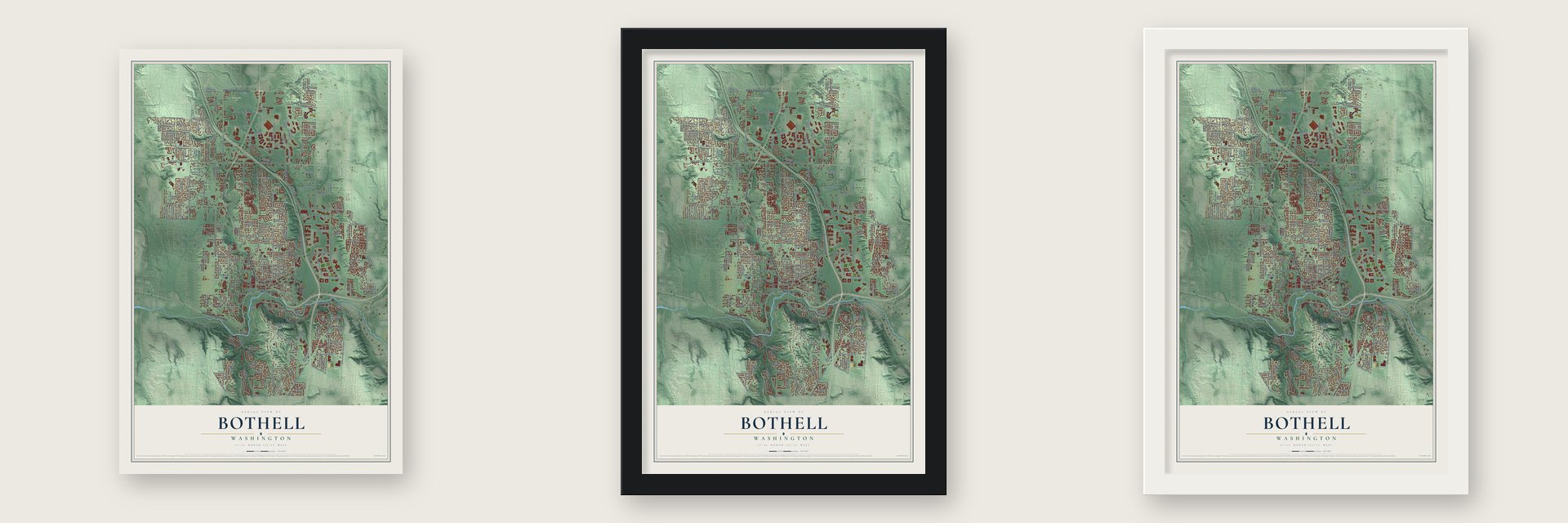 Bothell, Washington map unframed, in a black wood frame and in a white wood frame