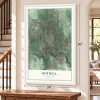 Bothell, Washington map, 24 x 36 inch print in a white frame by a staircase