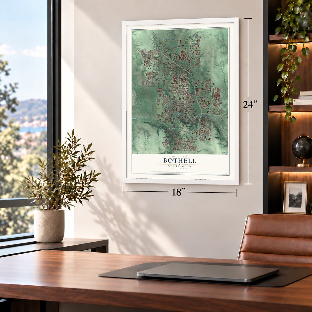 Bothell, Washington map, 18 x 24 inch print in a white frame in a home office