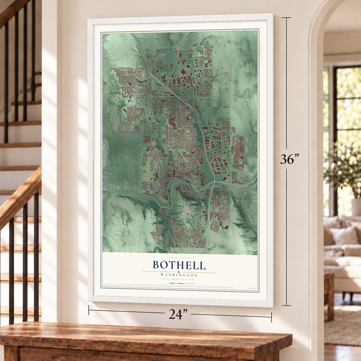 Bothell, Washington map, 24 x 36 inch print in a white frame by a staircase