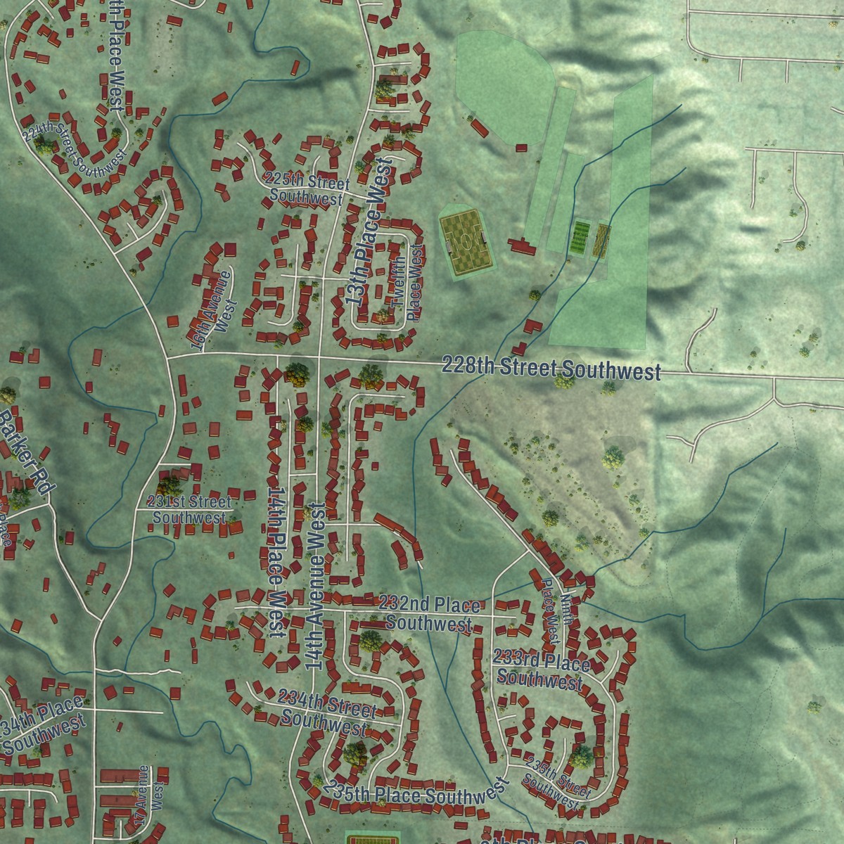 Second close-up of the map of Bothell West, Washington print showing more streets and buildings