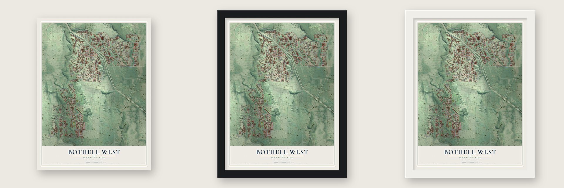 Bothell West, Washington map unframed, in a black wood frame and in a white wood frame