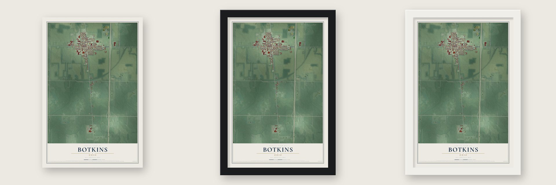 Botkins, Ohio map unframed, in a black wood frame and in a white wood frame
