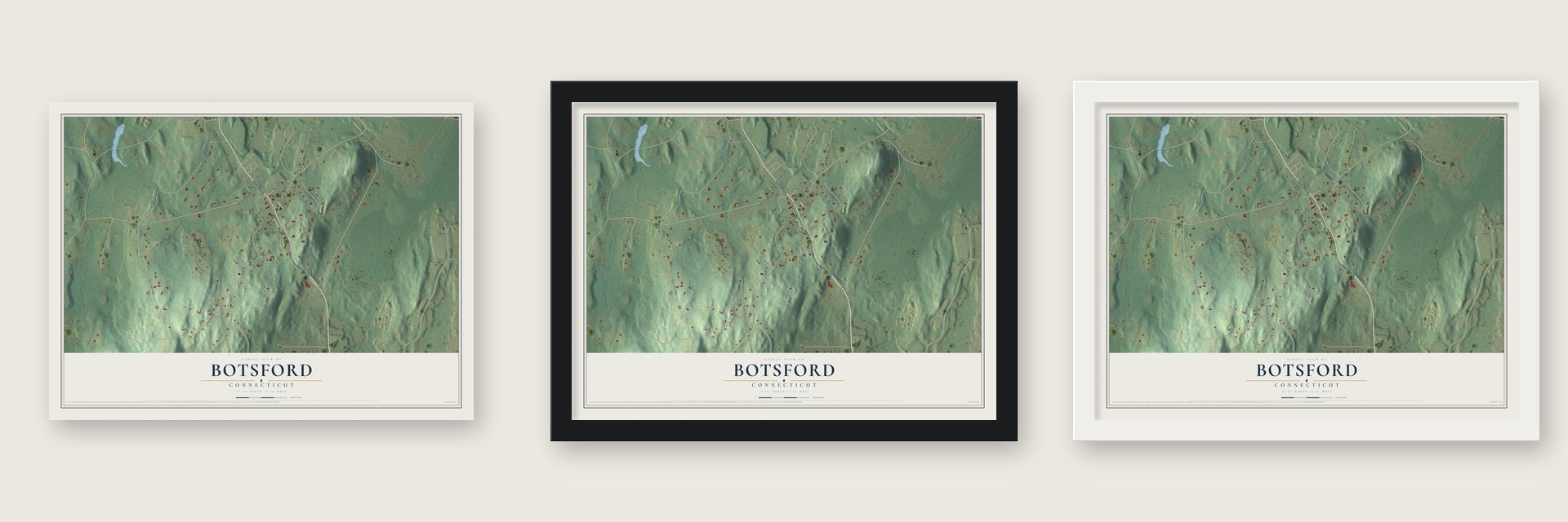 Botsford, Connecticut map unframed, in a black wood frame and in a white wood frame