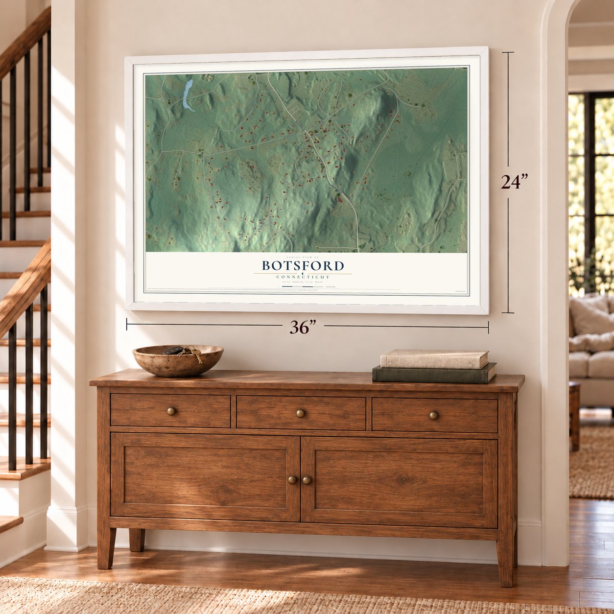 Botsford, Connecticut map, 24 x 36 inch print in a white frame above a dresser by a staircase