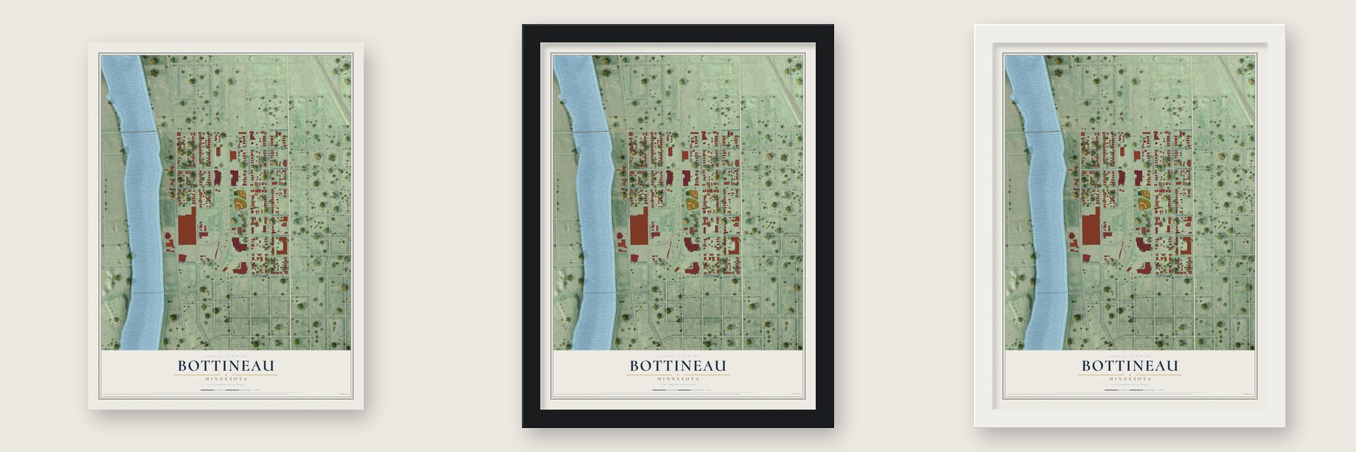 Bottineau, Minnesota map unframed, in a black wood frame and in a white wood frame