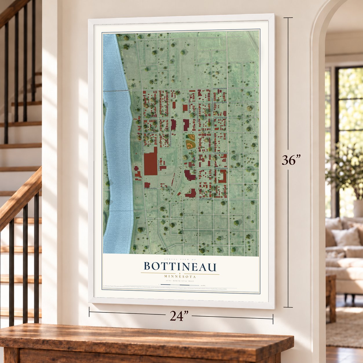 Bottineau, Minnesota map, 24 x 36 inch print in a white frame by a staircase