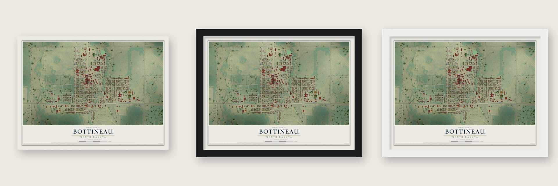 Bottineau, North Dakota map unframed, in a black wood frame and in a white wood frame