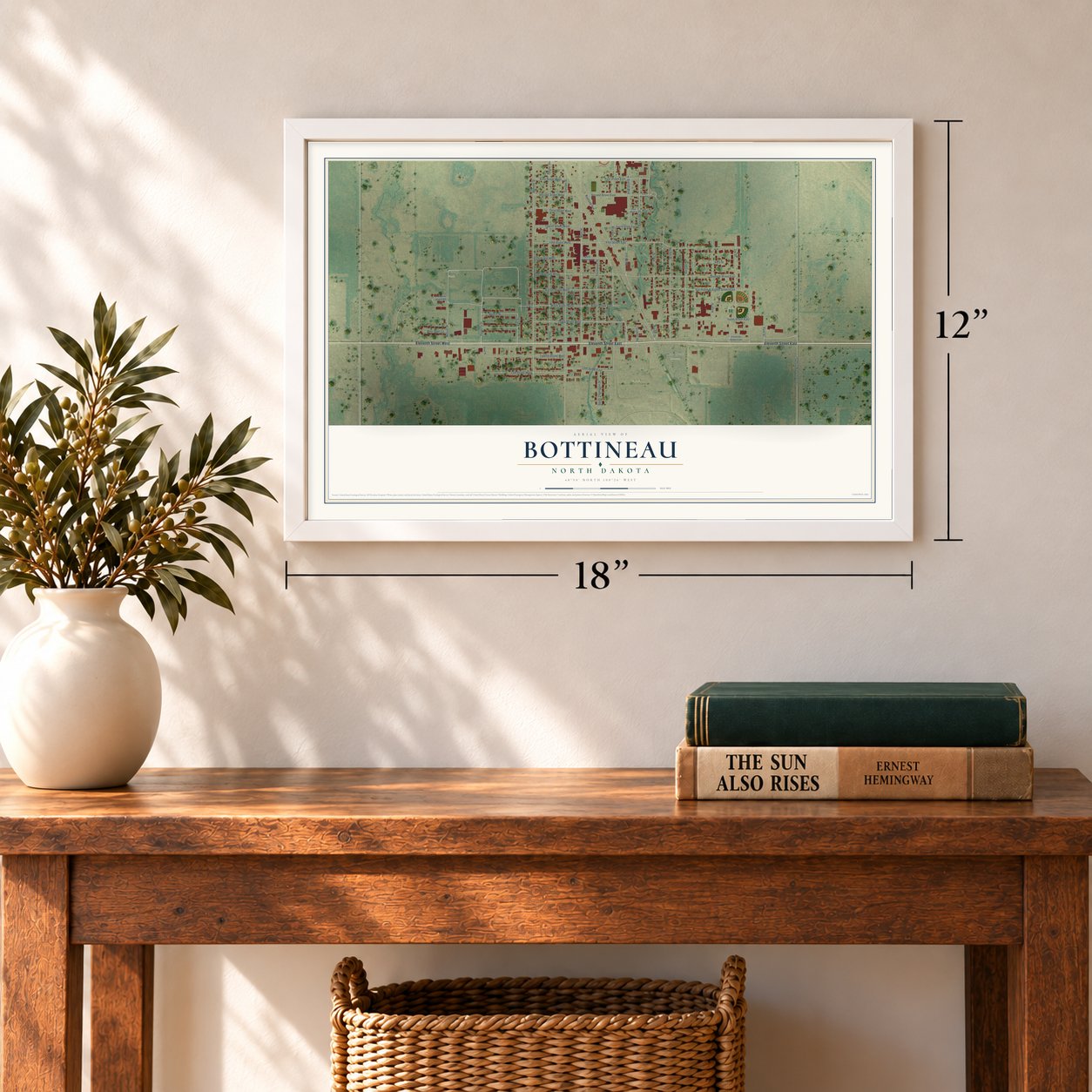 Bottineau, North Dakota map, 12 x 18 inch print in a white frame in an entryway