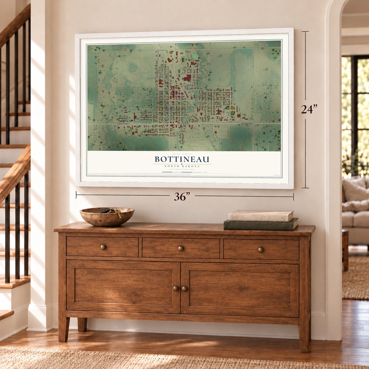 Bottineau, North Dakota map, 24 x 36 inch print in a white frame above a dresser by a staircase