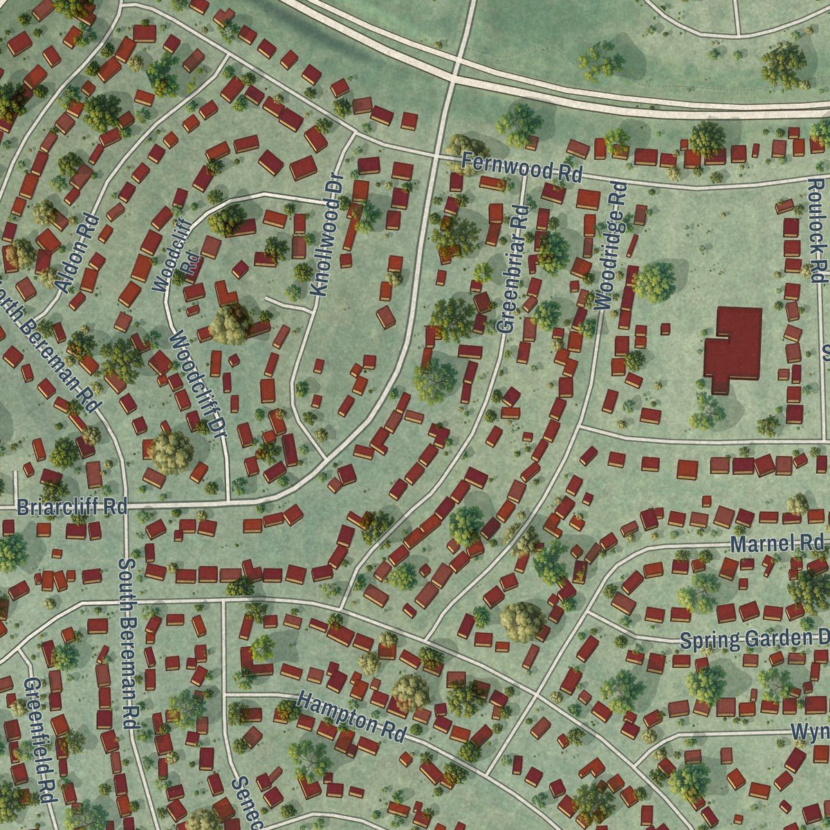 Second close-up of the map of Boulder Hill, Illinois print showing more streets and buildings