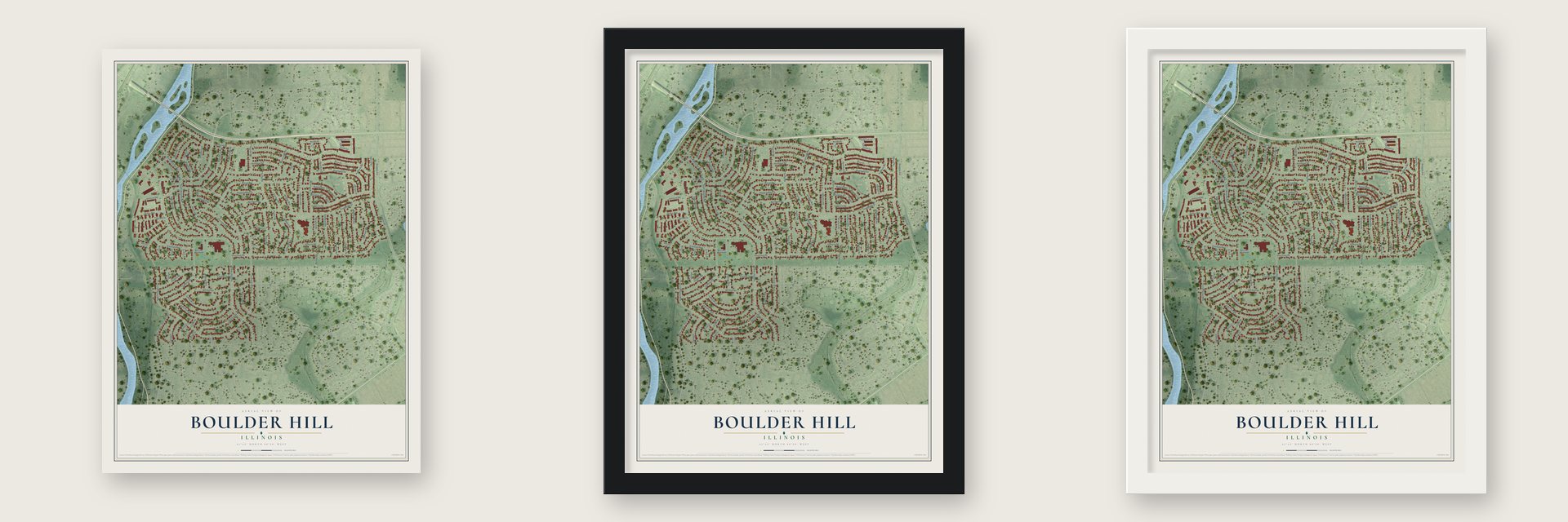 Boulder Hill, Illinois map unframed, in a black wood frame and in a white wood frame