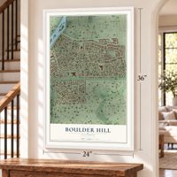Boulder Hill, Illinois map, 24 x 36 inch print in a white frame by a staircase