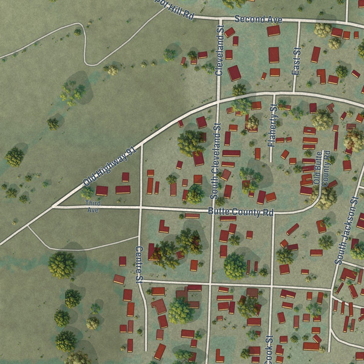Second close-up of the map of Boulder, Montana print showing more streets and buildings