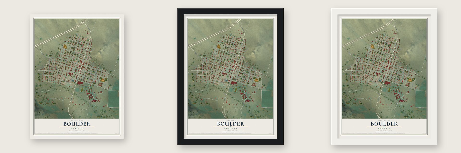 Boulder, Montana map unframed, in a black wood frame and in a white wood frame