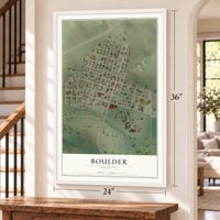 Boulder, Montana map, 24 x 36 inch print in a white frame by a staircase
