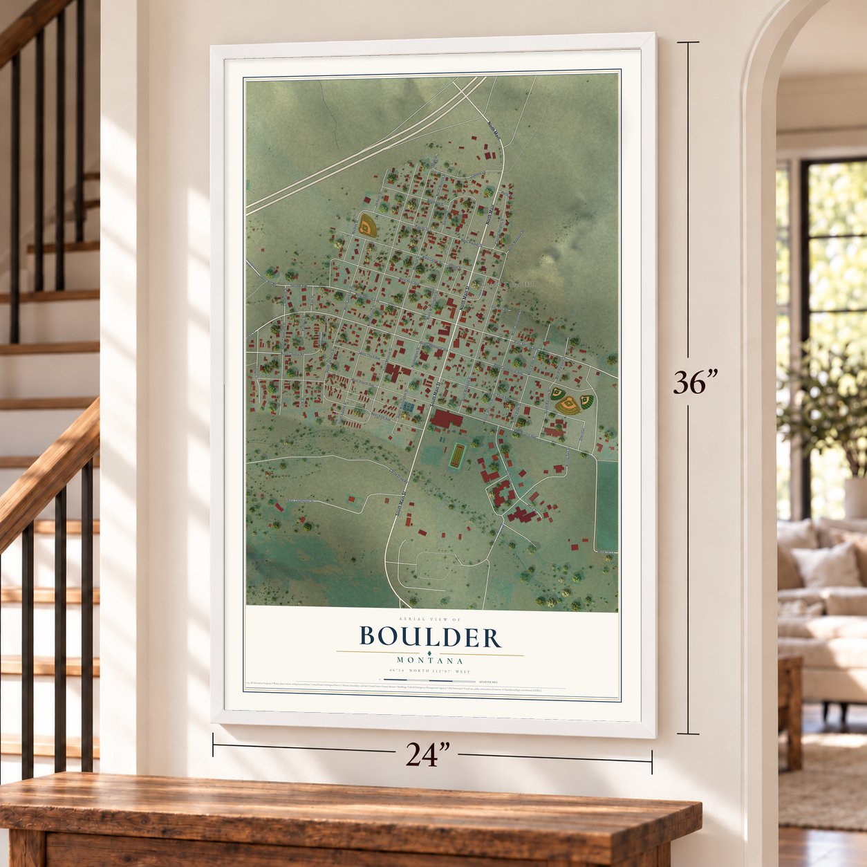 Boulder, Montana map, 24 x 36 inch print in a white frame by a staircase