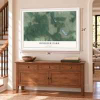 Boulder Park, Georgia map, 24 x 36 inch print in a white frame above a dresser by a staircase