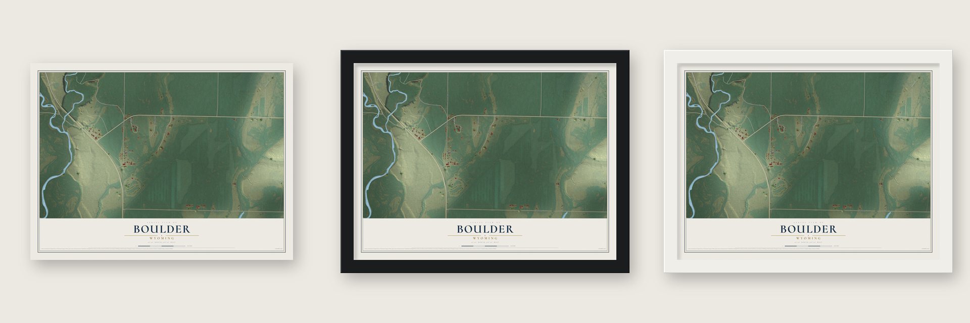 Boulder, Wyoming map unframed, in a black wood frame and in a white wood frame