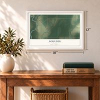 Boulder, Wyoming map, 12 x 18 inch print in a white frame in an entryway