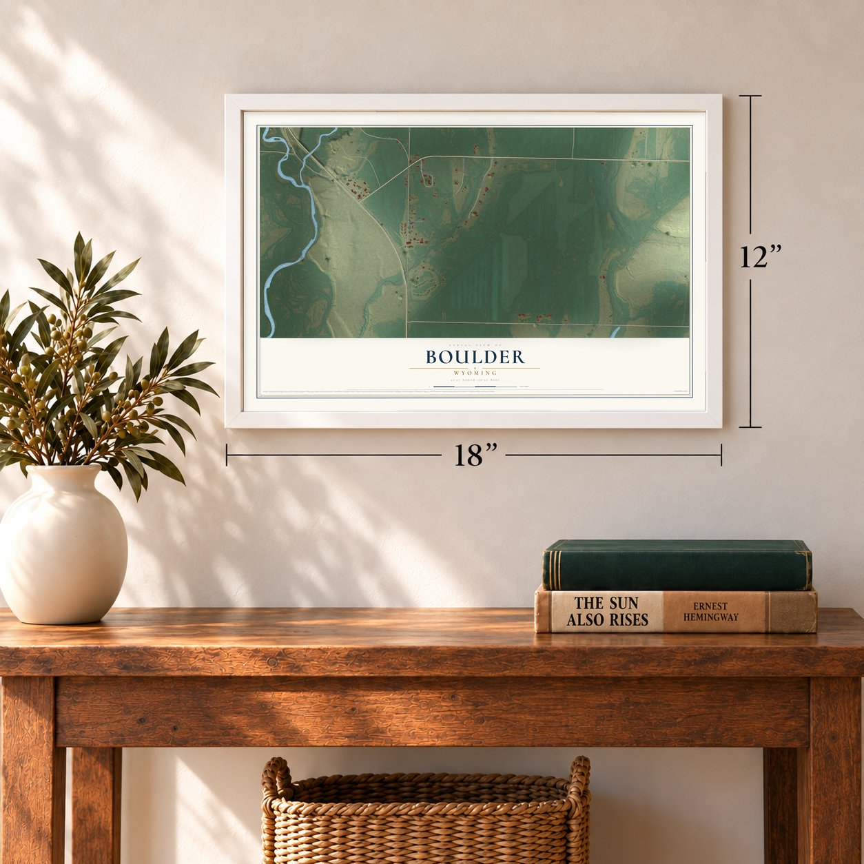 Boulder, Wyoming map, 12 x 18 inch print in a white frame in an entryway