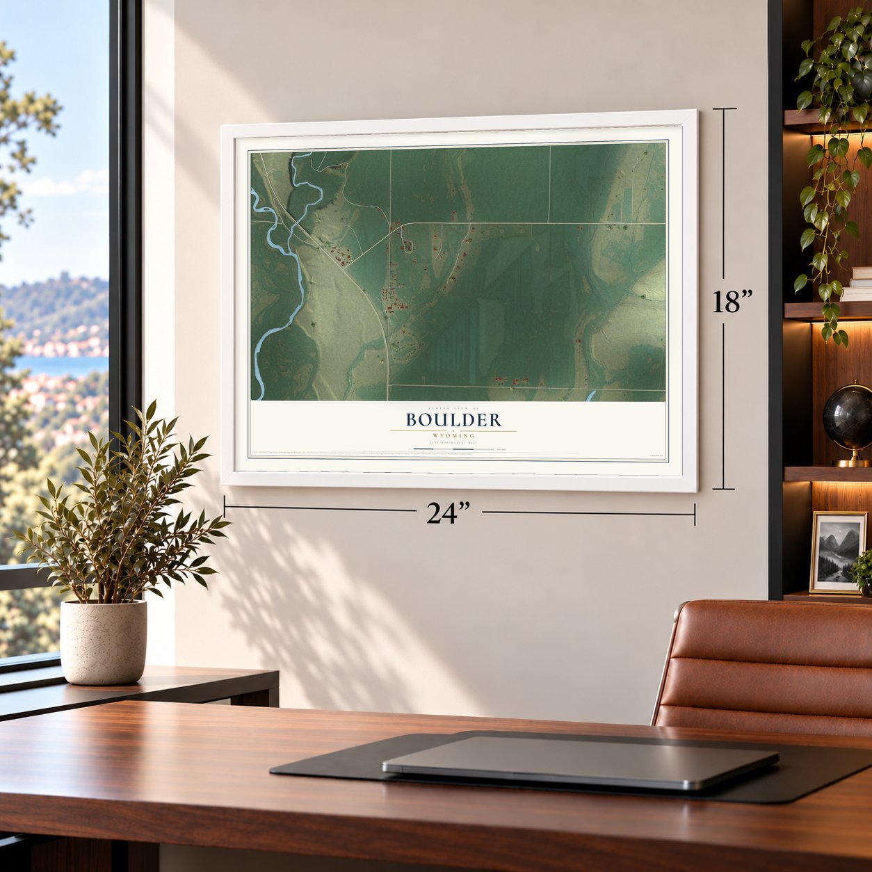 Boulder, Wyoming map, 18 x 24 inch print in a white frame in a home office