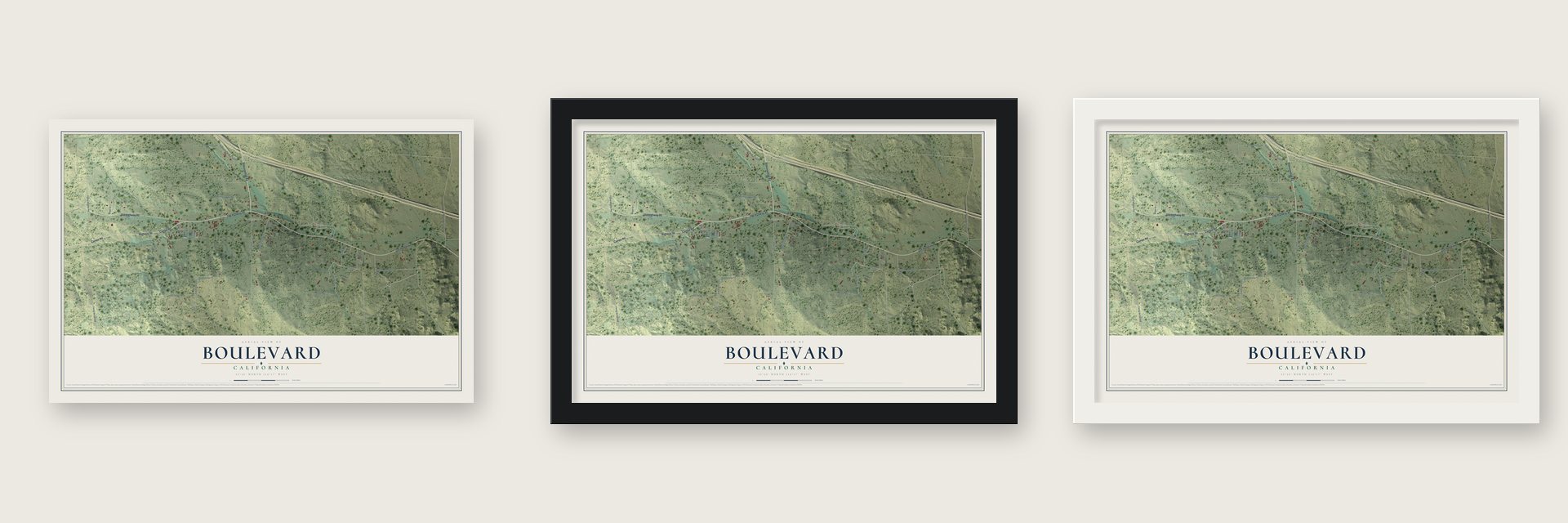 Boulevard, California map unframed, in a black wood frame and in a white wood frame