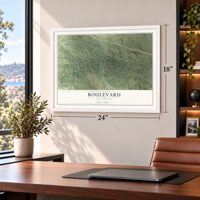 Boulevard, California map, 18 x 24 inch print in a white frame in a home office