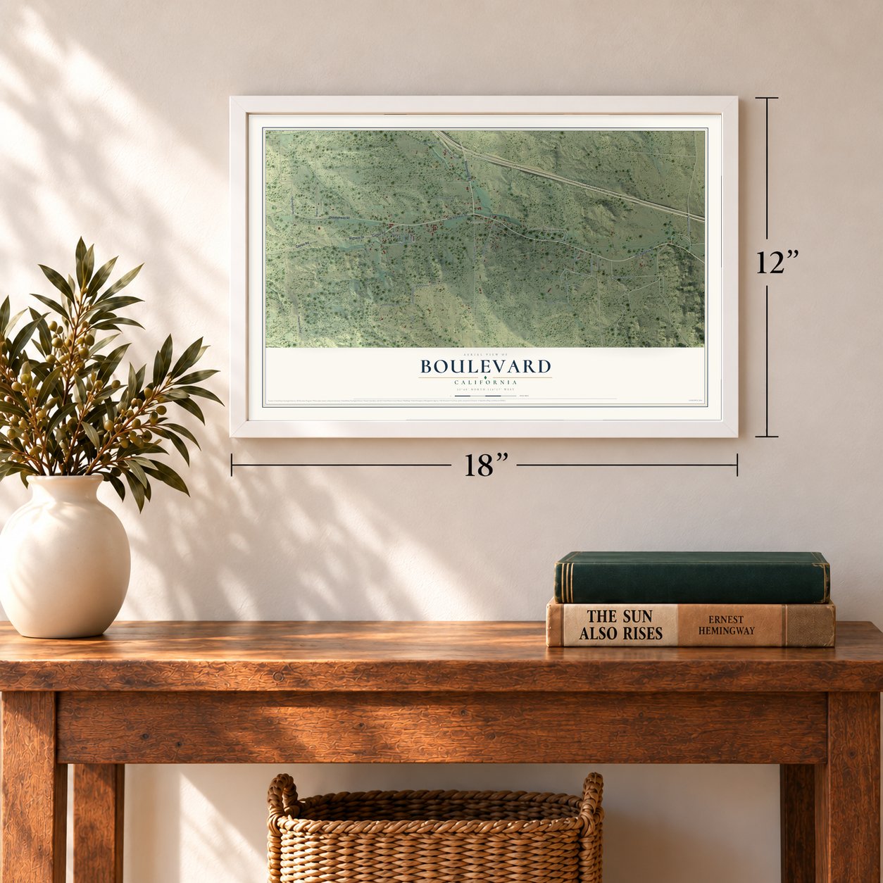 Boulevard, California map, 12 x 18 inch print in a white frame in an entryway