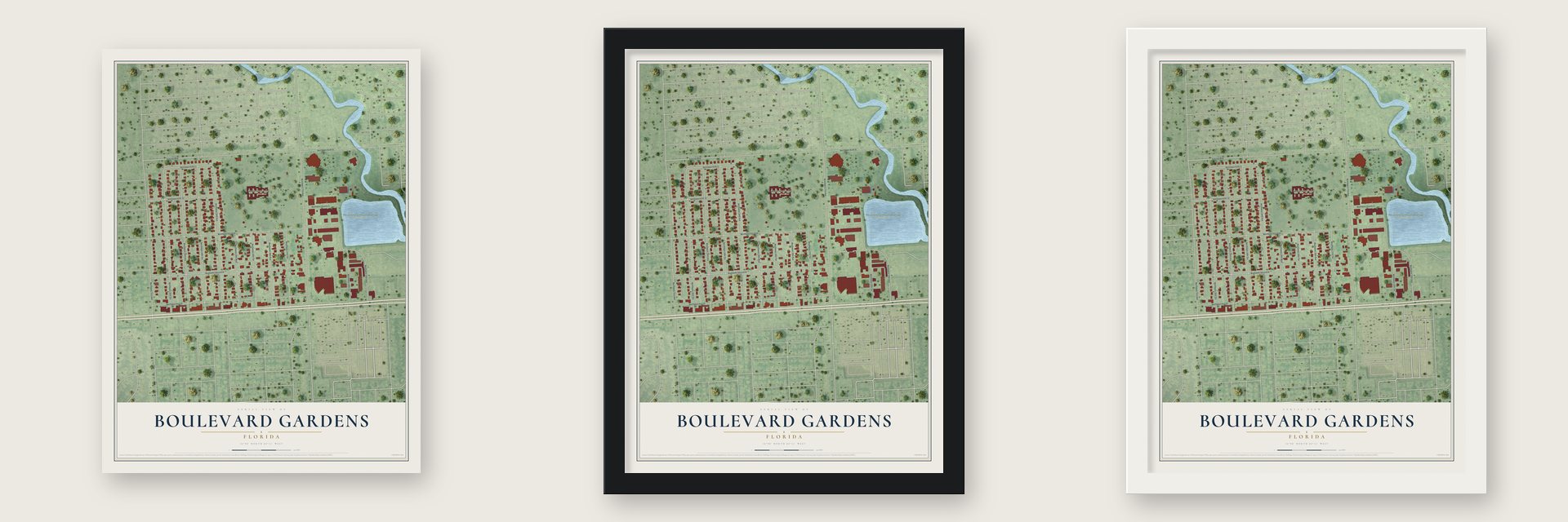 Boulevard Gardens, Florida map unframed, in a black wood frame and in a white wood frame