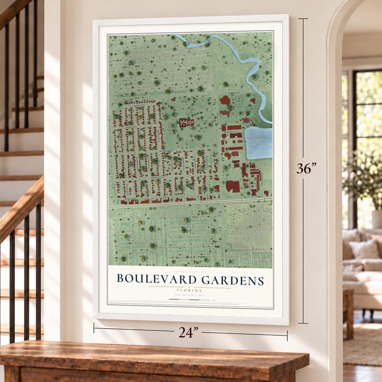 Boulevard Gardens, Florida map, 24 x 36 inch print in a white frame by a staircase