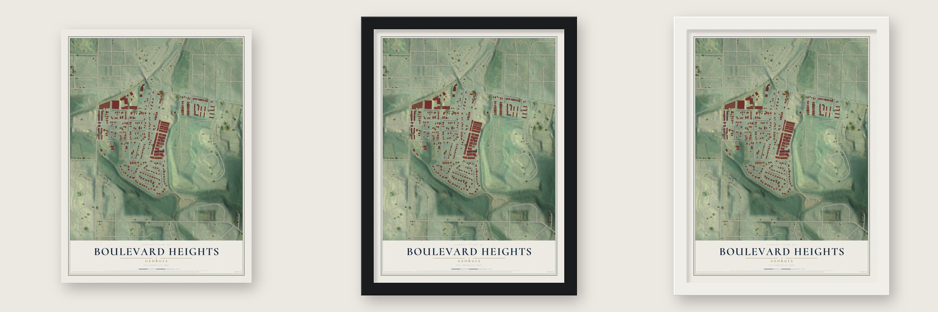 Boulevard Heights, Georgia map unframed, in a black wood frame and in a white wood frame