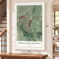 Boulevard Heights, Georgia map, 24 x 36 inch print in a white frame by a staircase