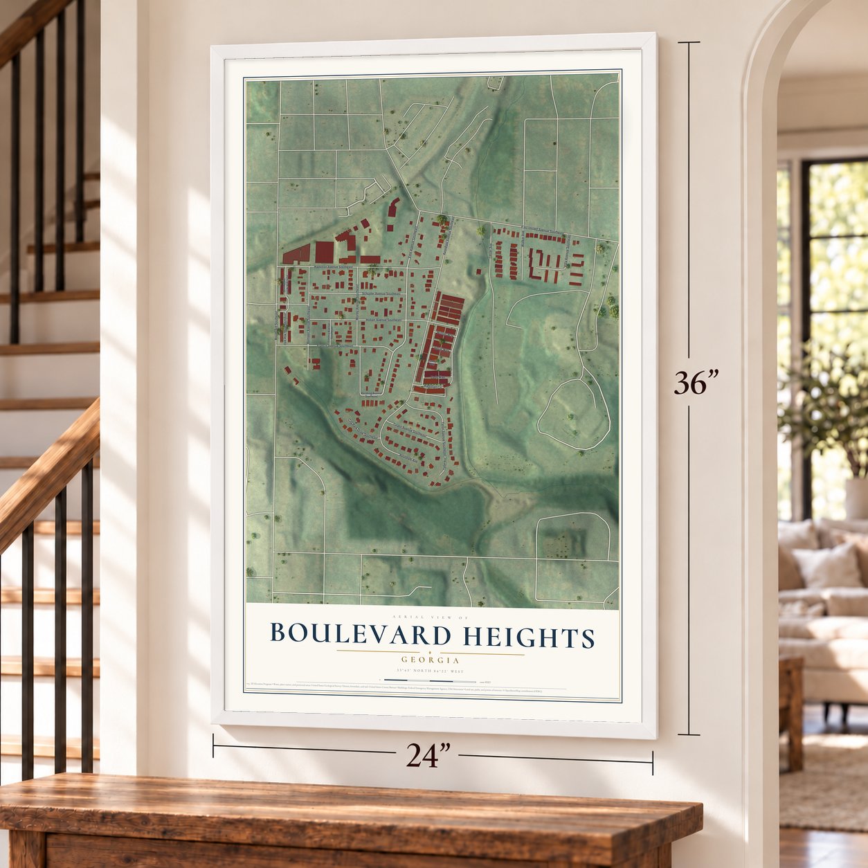 Boulevard Heights, Georgia map, 24 x 36 inch print in a white frame by a staircase