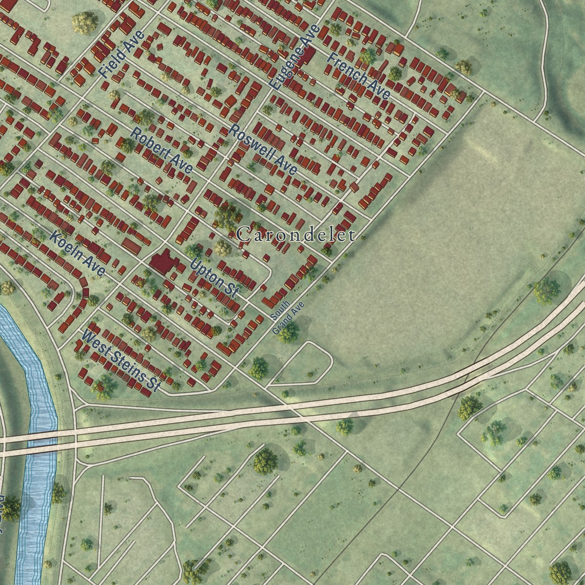 Second close-up of the map of Boulevard Heights, Missouri print showing more streets and buildings