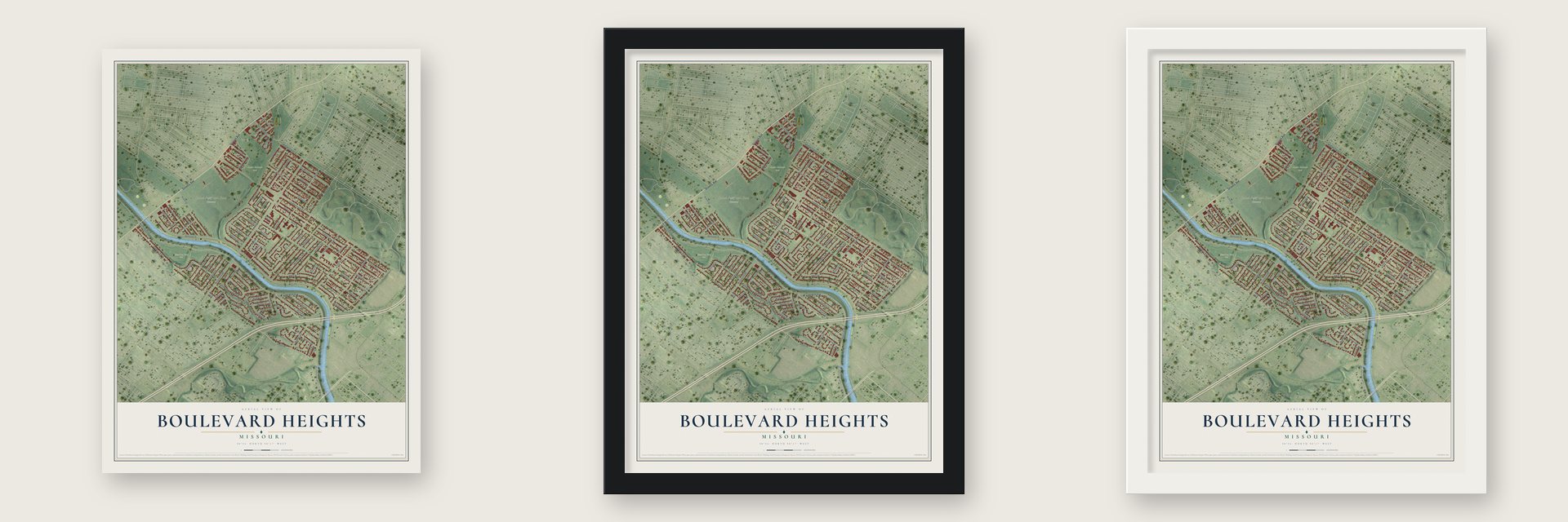 Boulevard Heights, Missouri map unframed, in a black wood frame and in a white wood frame