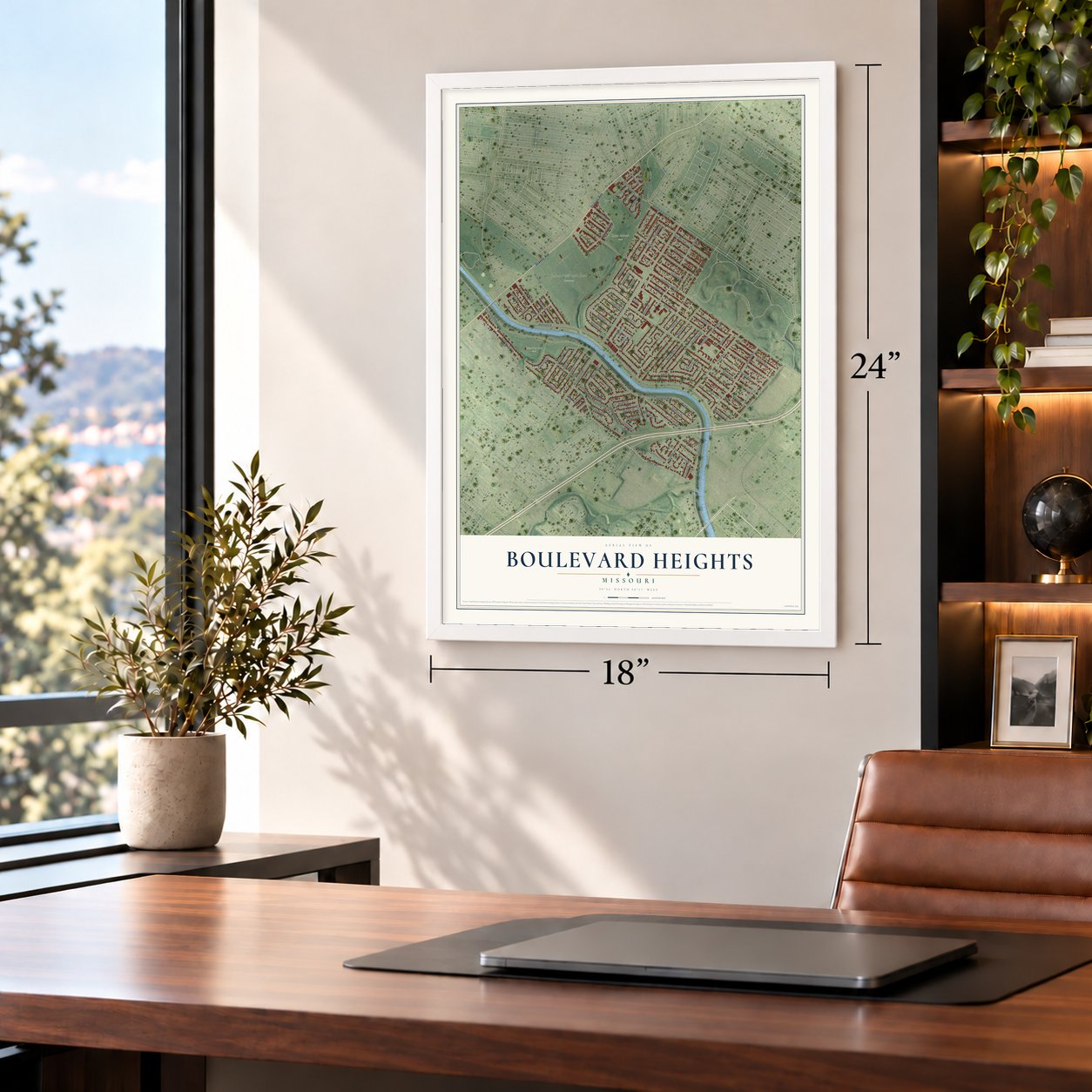 Boulevard Heights, Missouri map, 18 x 24 inch print in a white frame in a home office
