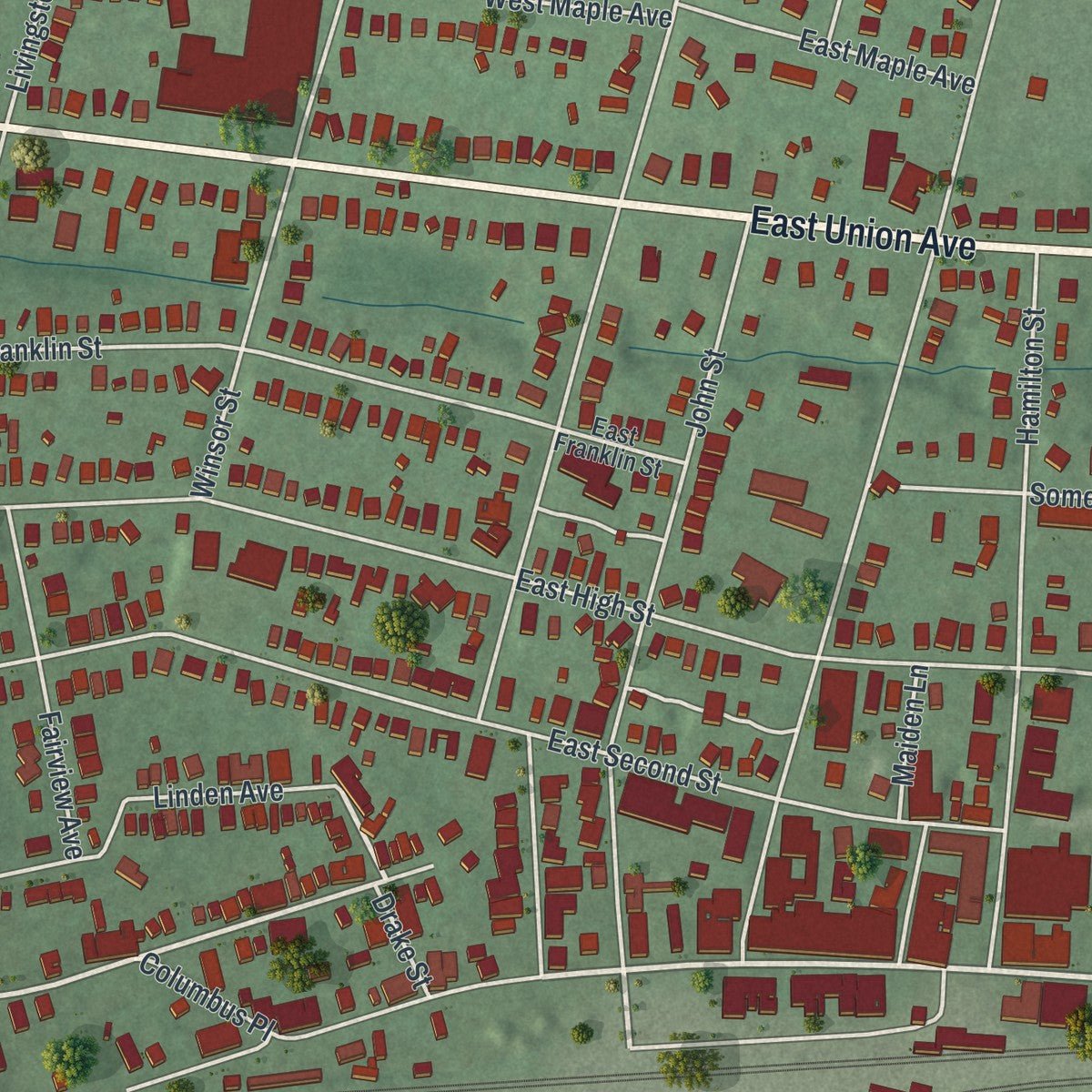 Second close-up of the map of Bound Brook, New Jersey print showing more streets and buildings
