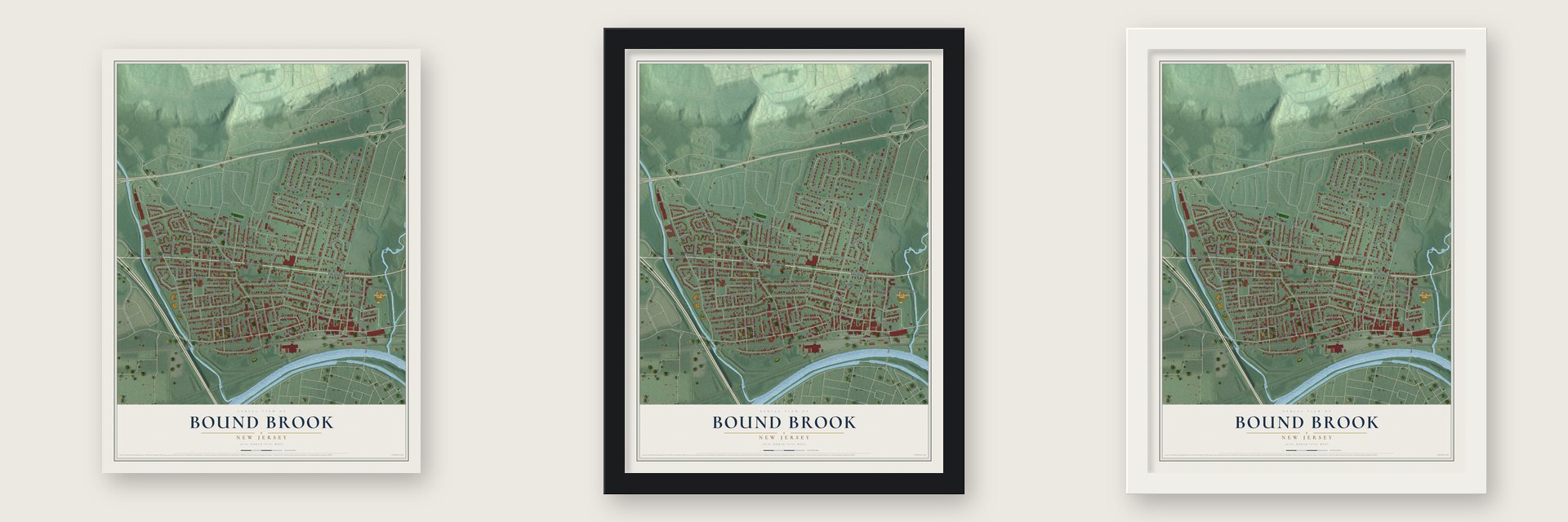 Bound Brook, New Jersey map unframed, in a black wood frame and in a white wood frame