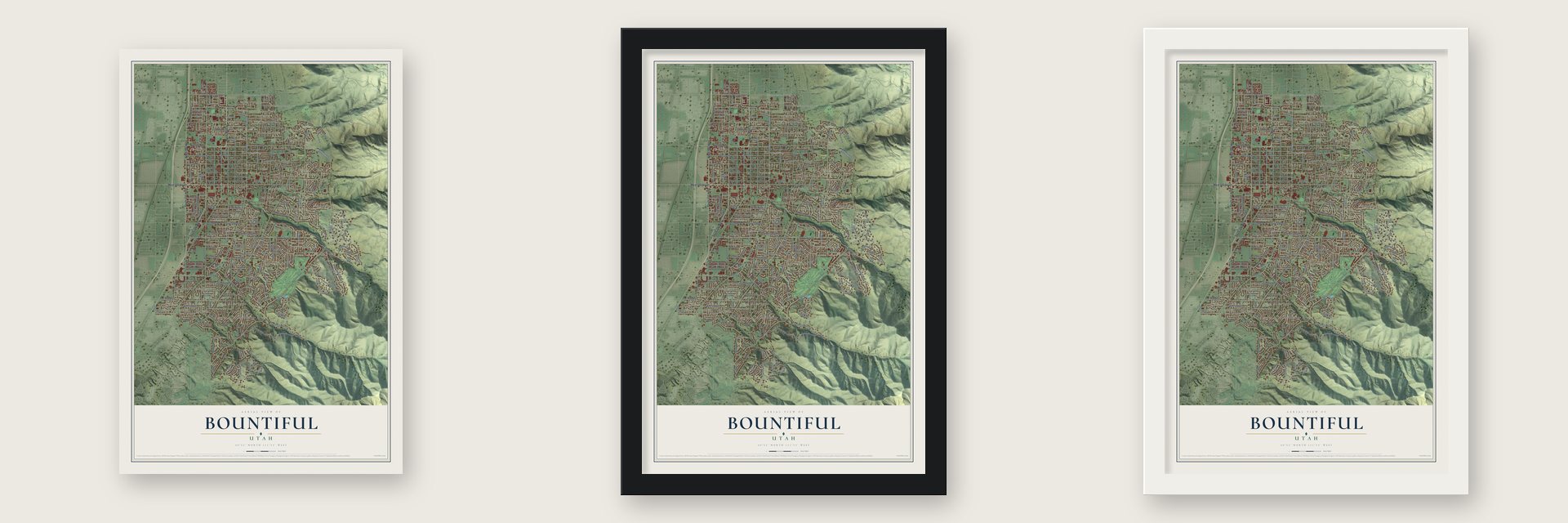 Bountiful, Utah map unframed, in a black wood frame and in a white wood frame