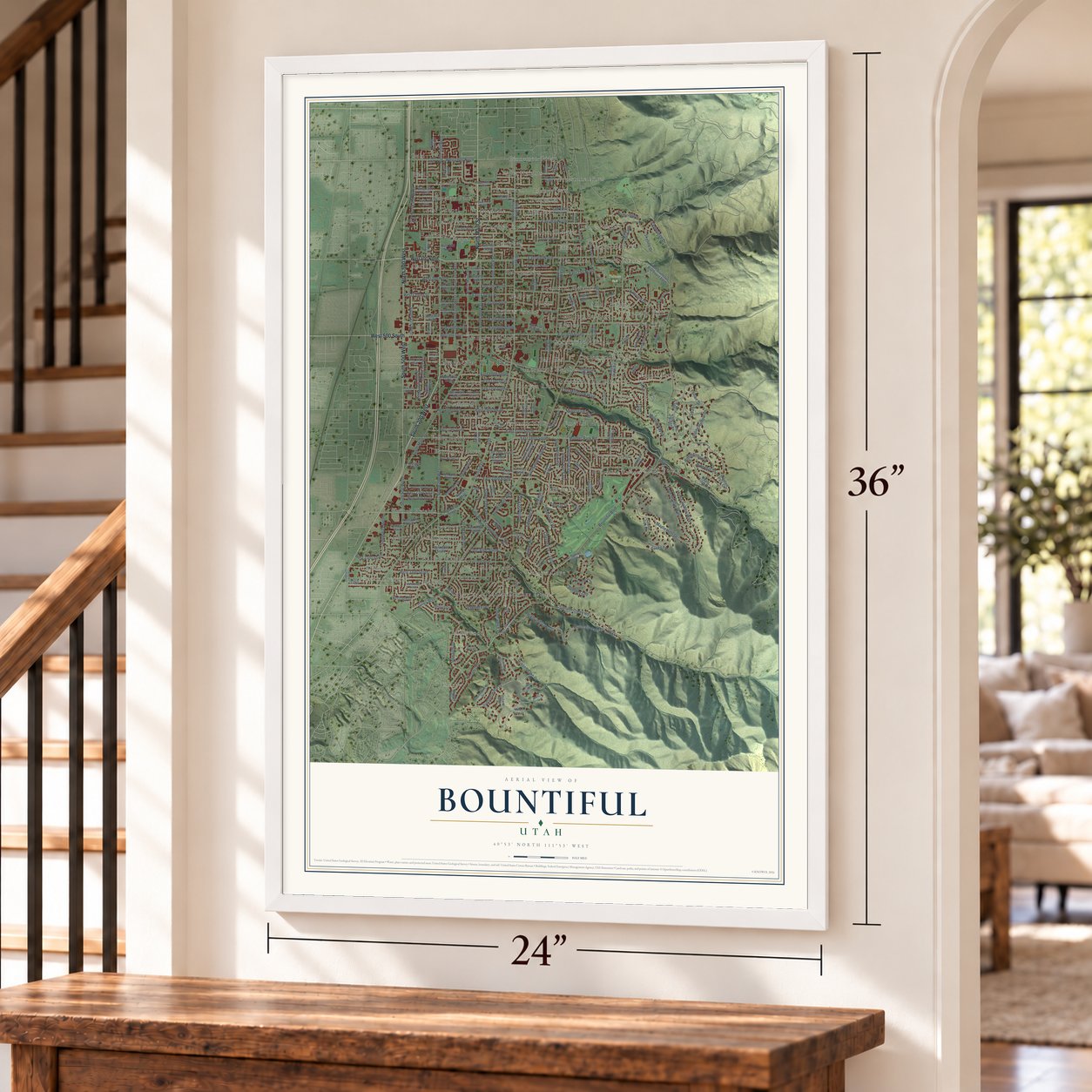 Bountiful, Utah map, 24 x 36 inch print in a white frame by a staircase