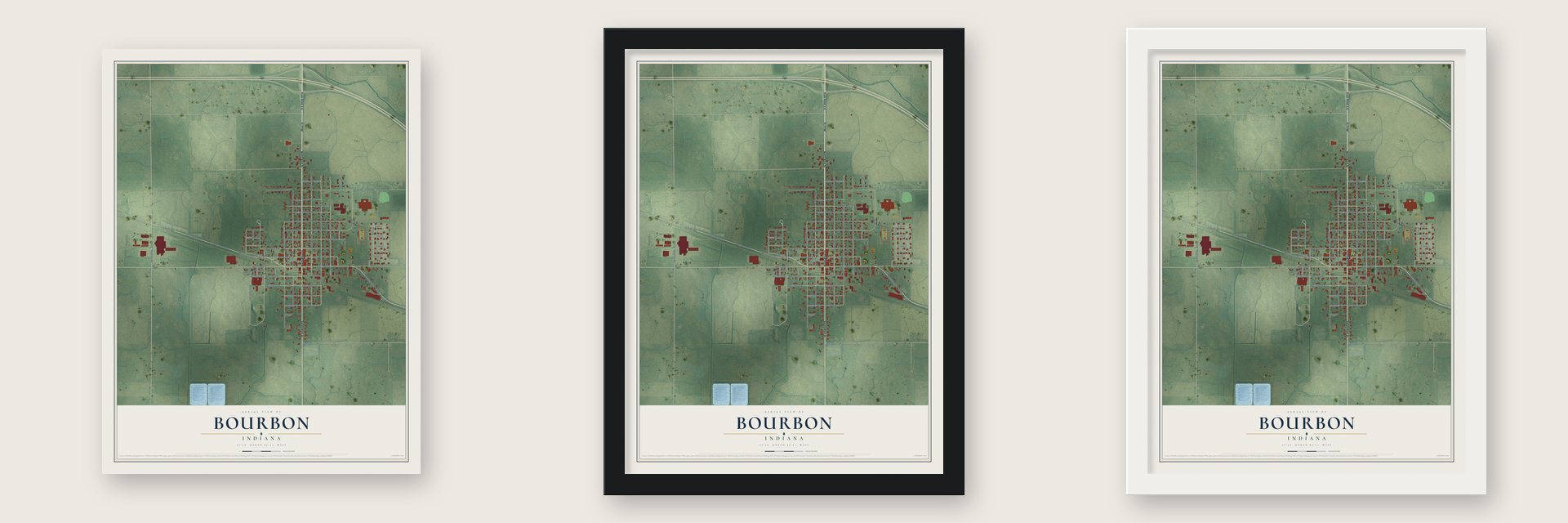 Bourbon, Indiana map unframed, in a black wood frame and in a white wood frame