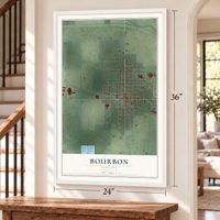 Bourbon, Indiana map, 24 x 36 inch print in a white frame by a staircase