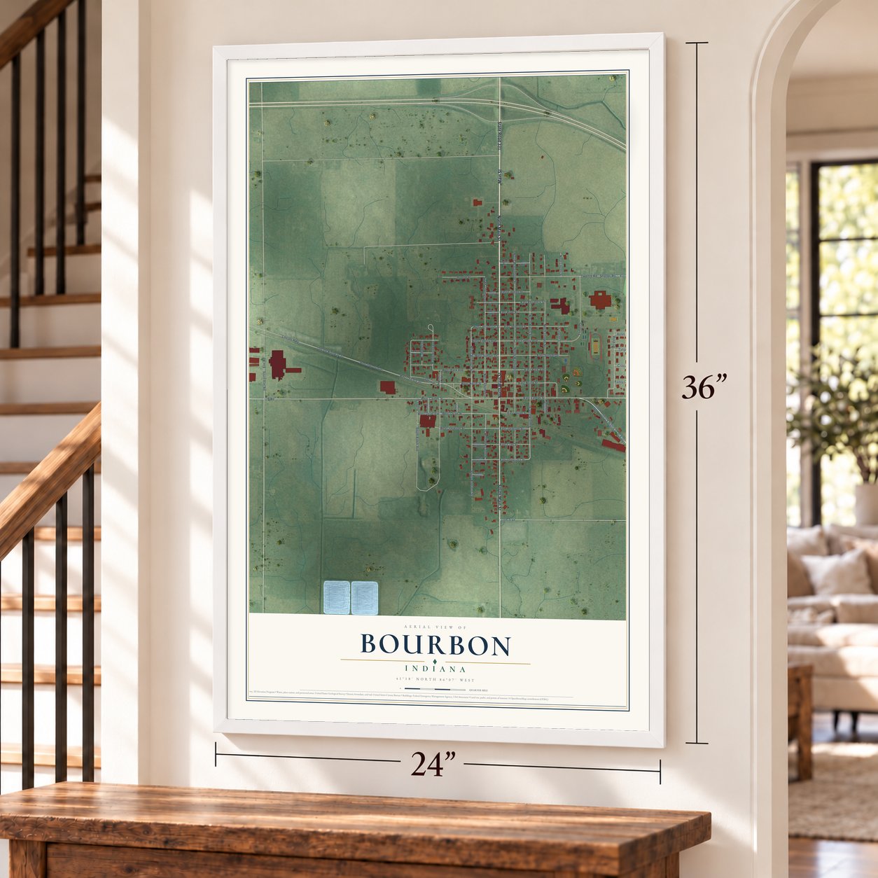 Bourbon, Indiana map, 24 x 36 inch print in a white frame by a staircase