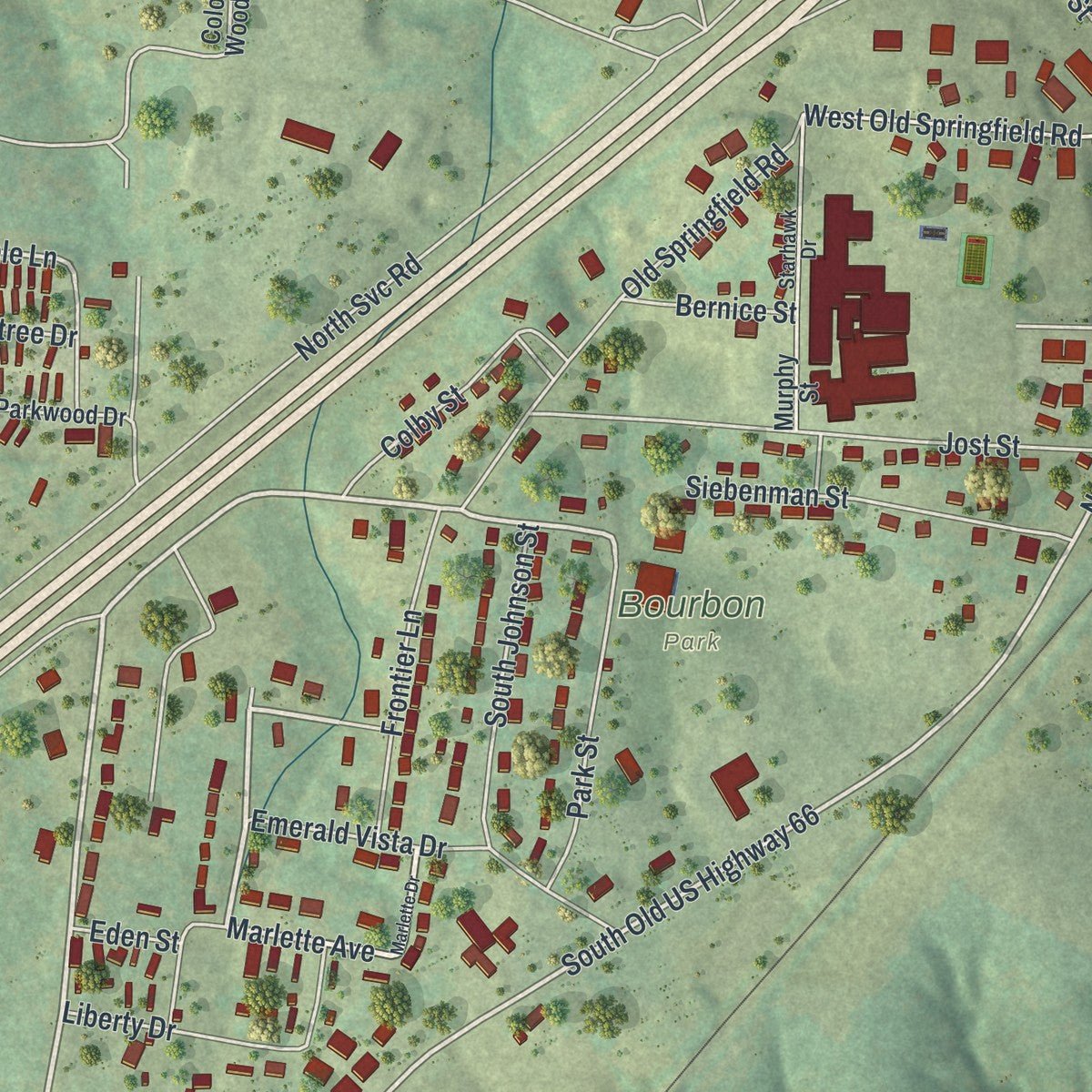 Second close-up of the map of Bourbon, Missouri print showing more streets and buildings